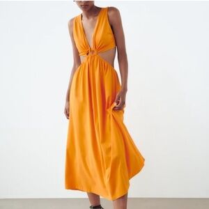 Zara Orange Cotton Cut Out Side Tie Midi Dress Size Small